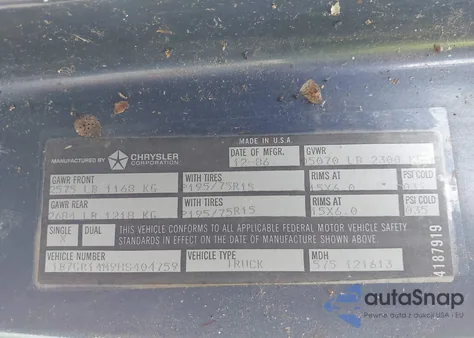 1987 Dodge Dakota из США, поврежденный, VIN 1B7GR14M9HS404759